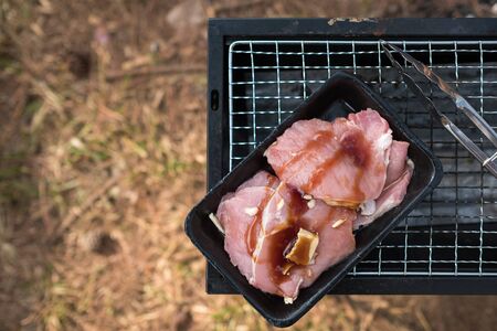 Fresh pork with garlic and sauce on grill plate. outdoor campingの写真素材