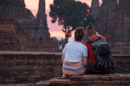 Young couple travelling in Ruin of Ayutthaya, Thailand.の写真素材