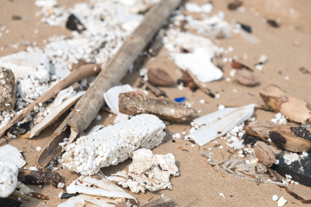 Beach polluted with plastic garbage, Enviroment issueの写真素材