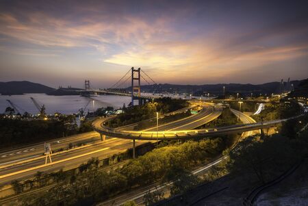 Beauitful view of Tsing Ma Bridge in sunset, Hong Kongの写真素材