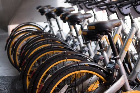 KUALA LUMPUR, MALAYSIA - 24 OCTOBER 2017 : A row of bicycle operated by obike are parking near Medan...