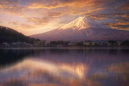 Fuji mountain reflection on water with sunrise landscape,Fuji mountain at kawaguchiko lake, Japanの写真素材