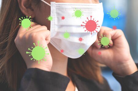 Young businesswoman wearing surgical mask avoid coronavirus or COVID-19 while walking in public
