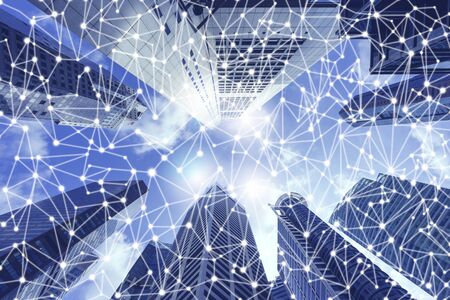 Abstract wireless technology and smart city concept, on city background