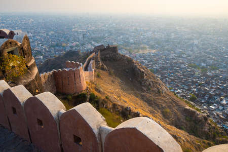 Aerial view of Jaipur from Nahargarh Fort smog over city in Jaipur, Indiaのeditorial素材