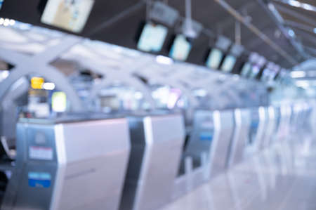 Empty airport check-in counter while coronavirus pandemic and countries lockdown, flight cancellation, bankruptのeditorial素材