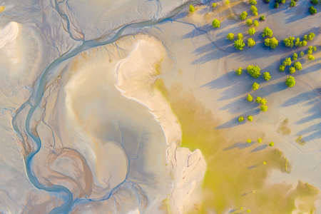 Aerial view of coast natural shape texture when low tide in Thailand