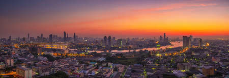 Panorama high angle view of Bangkok city view and curve of Chao Phraya river in morningの写真素材