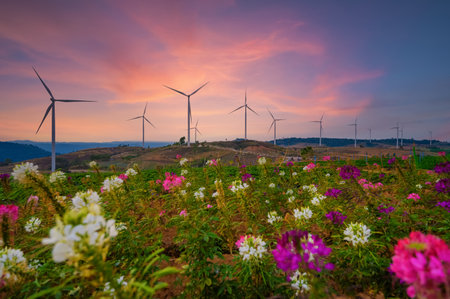 Windmill farm for electricity production. Wind power turbines generating clean renewable energy for...
