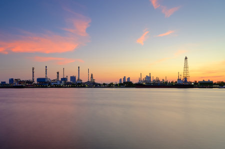 Oil refinery power plant closed to Chao Phraya river in Bangkok Thailandの写真素材