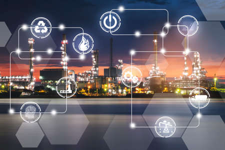 Double exposure of Industrial manufacturing and transportation field icons with Oil and gas industry...