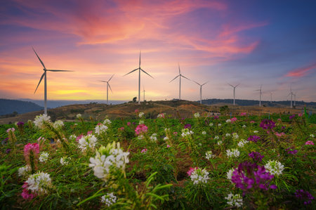 Windmill farm for electricity production. Wind power turbines generating clean renewable energy for sustainable developmentの写真素材