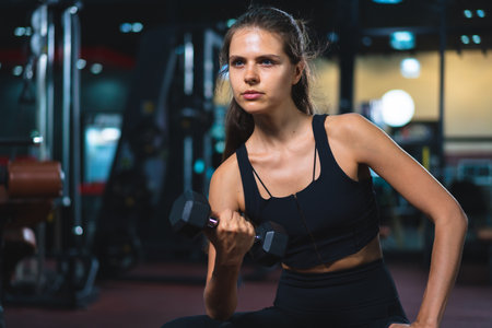 Caucasian young woman in sportswear lifting dumbbell  in fitness club or gym.の写真素材