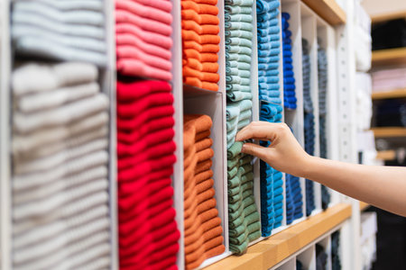 close up woman hand choosing colorful cotton socks on the shelf in clothing storeの写真素材