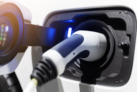 Electric vehicle charging port plugging in EV modern car. save ecology alternative energy sustainable of futureの写真素材