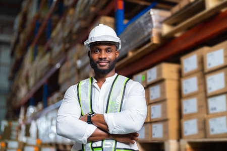Portrait of African warehouse manager standing in a large distribution center. concept of career and...