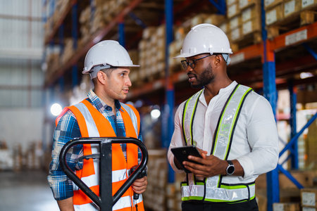 A small group of warehouse workers has a briefing in a large distribution center. concept of...