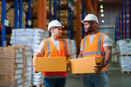 A small group of warehouse workers has a briefing in a large distribution center. concept of teamwork and occupation.の写真素材