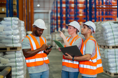 A small group of warehouse workers has a briefing in a large distribution center. concept of teamwork and occupation.の写真素材