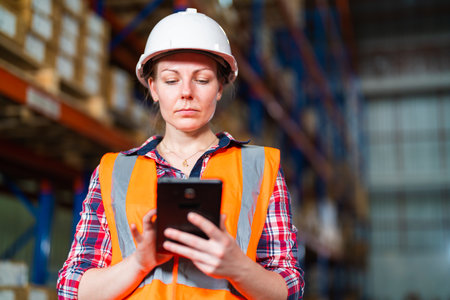 Warehouse worker working process checking the package using a tablet in a large warehouse distribution center. Caucasian female inspects cargo inventory.の写真素材