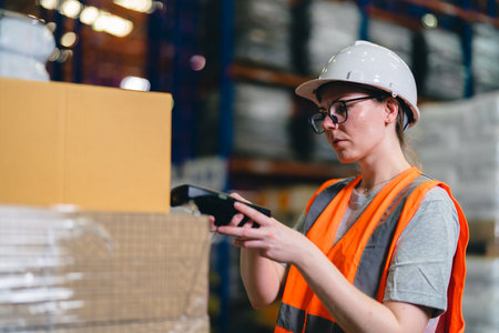 Warehouse worker working process checking the package using barcode reader in a large distribution center. Caucasian female inspects cargo inventory.の写真素材