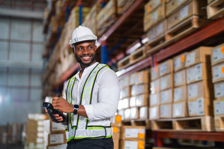 Warehouse worker working process checking the package with a barcode scanner in a large distribution center. an African male supervisor inspects cargo inventory.の写真素材
