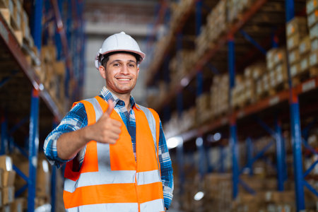Portrait of a happy middle-aged Caucasian warehouse worker standing in large warehouse distribution center.の写真素材