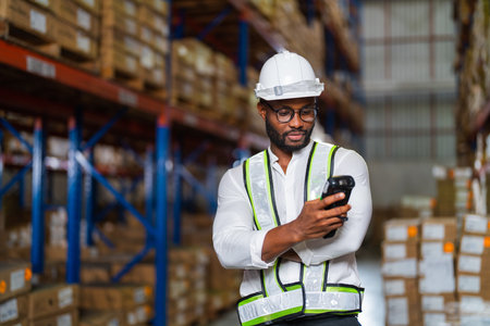 Warehouse worker working process checking the package with a barcode scanner in a large distribution...