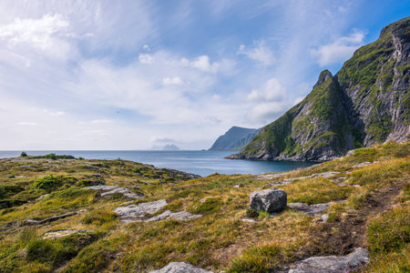 Colorful summer landscape with mountains and water in Norway.の写真素材