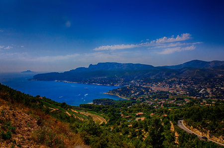 The beautiful view of Cassis from the Route des Cretesの写真素材