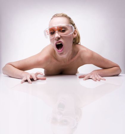 model showing her expression on isolated white backgroundの写真素材