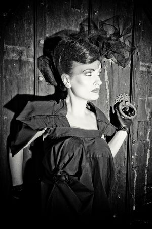 Lovely woman retro widow portrait black and white の写真素材