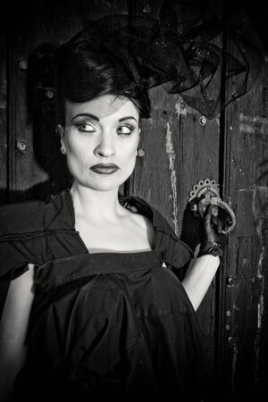 Lovely woman retro widow portrait black and white の写真素材