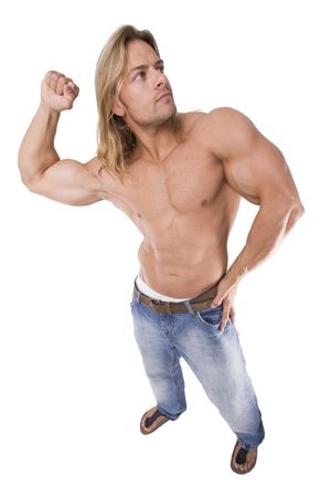 Athletic sexy male body builder with the blond long hair. gladiatorの写真素材