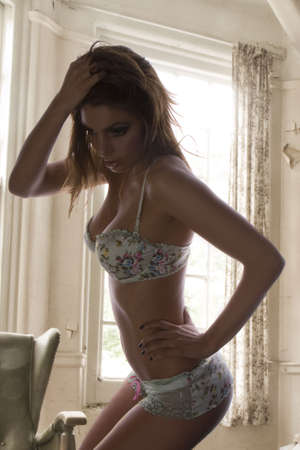 portrait of exquisite woman in lingerie in the stylish room の写真素材