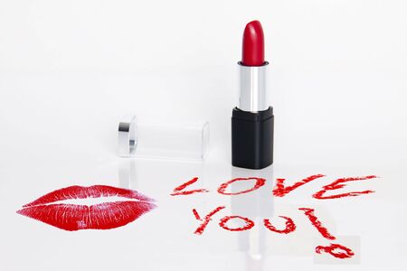 Lipstick, heart and text I love you!の写真素材