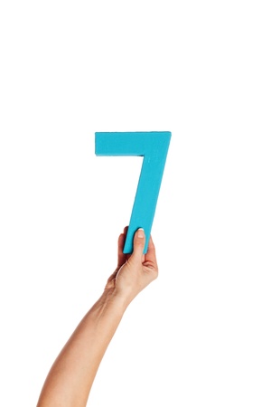 Female hand holding up the number 7 against a white background conceptual of numbers, measurement, amount, quantity, accounting and mathematicsの写真素材