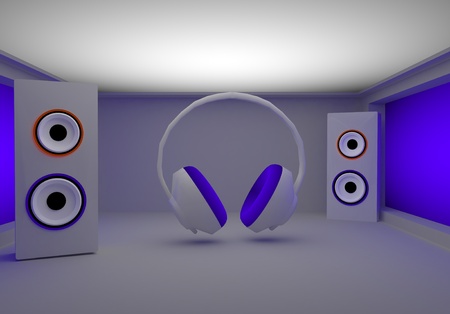 stylish headphones and speakers in the room 3dの写真素材