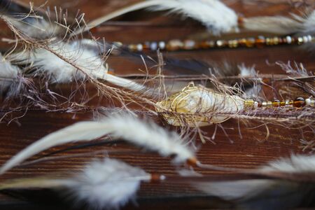 native american bad dream catcher on woodの写真素材