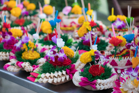 Krathongs were made with banana leaves for Loykrathong festival in Thailandの写真素材