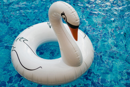 Inflatable white swan float in the outdoor swimming poolの写真素材