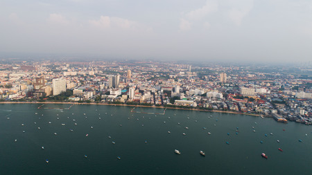 Skyline of Pattaya from aerial drone view, Pattaya city, Chonburi, Thailandのeditorial素材