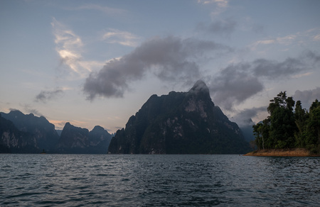Beautiful view mountains and lake from boat in Ratchaprapa dam, Khoa Sok National Park, Surat Thani,...