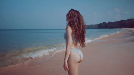 Back view of beautiful girl in bikini and sunglasses relaxing on the tropical sandy beach during summer holidayの写真素材