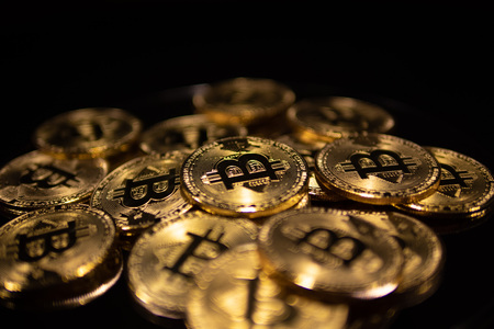 Macro closeup of crypto currency Bitcoin coinsの写真素材