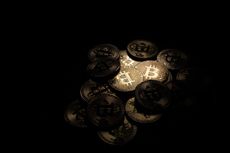 Macro closeup of crypto currency Bitcoin coinsの写真素材