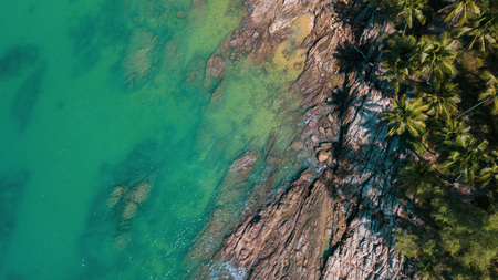 Aerial drone top view of the amazing rocky and green coast on the tropical island