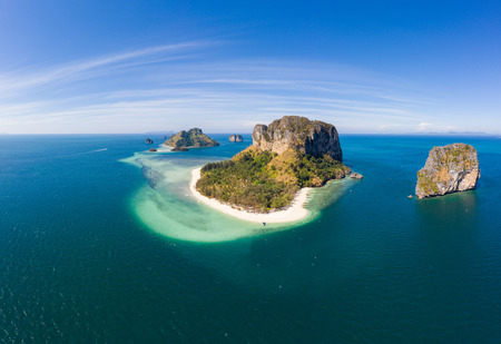 Aerial drone view of beautiful tropical Poda Island in Thailandの写真素材