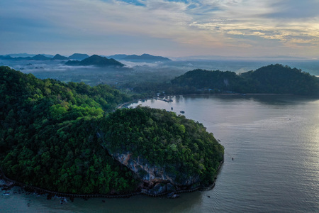 Aerial drone view of Pakbara small village during cloudy morning, Thailandの写真素材