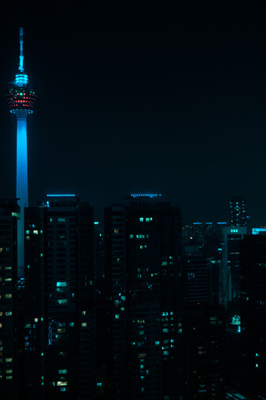 Aerial drone view of Kuala Lumpur city skyline at night, Malaysiaのeditorial素材